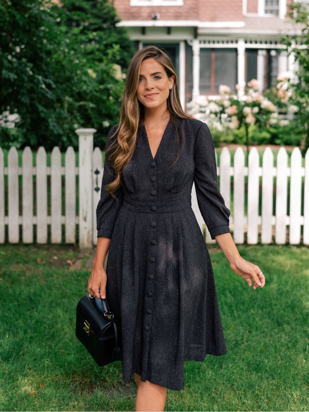 NWT Gal Meets Glam Eliza Black Button-Front V-Neck Long Sleeve Midi Dress